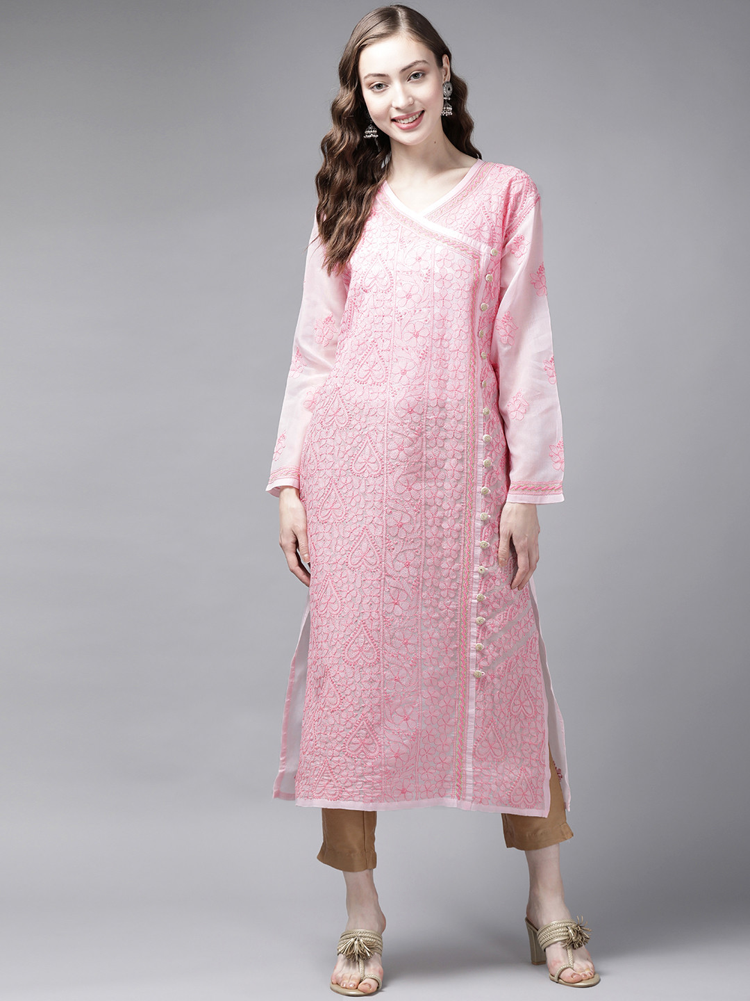 

ADA Women Pink Sustainable Semi-Sheer Chikankari Hand Embroidered Angrakha Straight Handloom Kurta