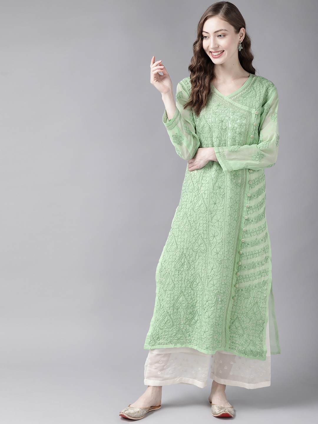 

ADA Women Green Sustainable Semi-Sheer Chikankari Hand Embroidered Straight Handloom Kurta