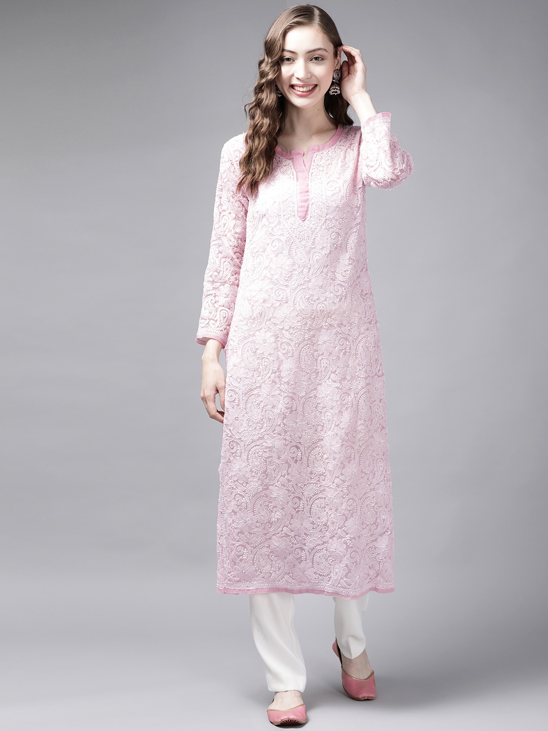 

ADA Women Pink & White Chikankari Embroidered Georgette Kurta