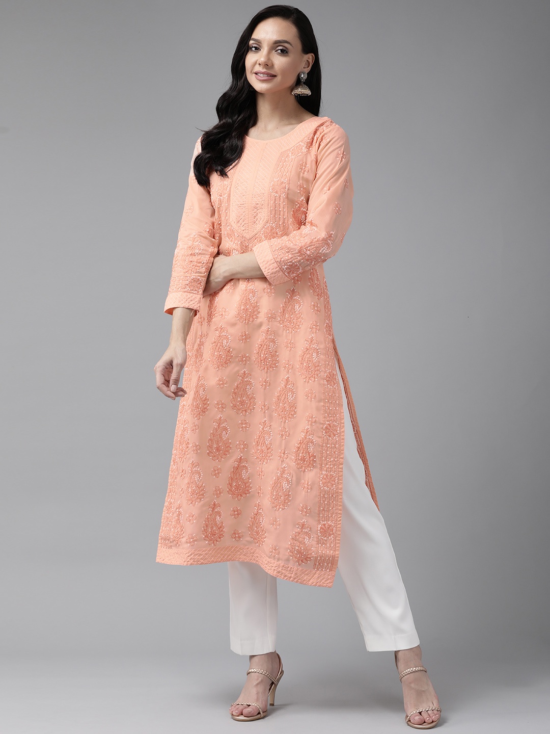 

ADA Women Peach-Coloured Sustainable Hand Chikankari Embroidered Straight Handloom Kurta