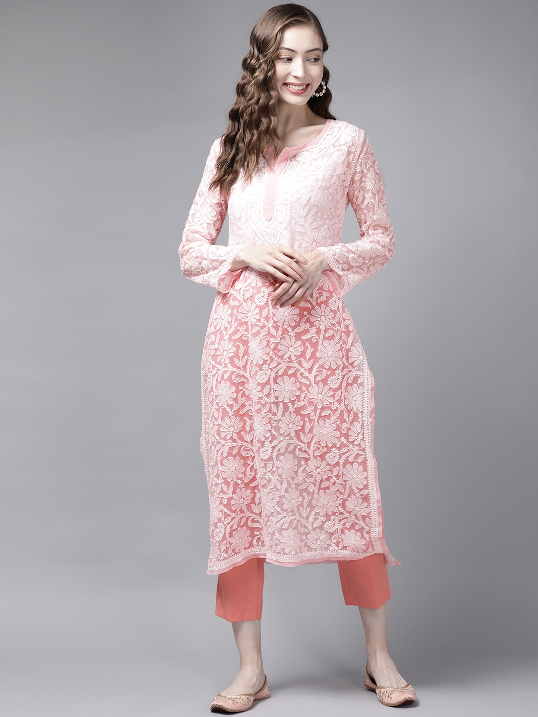 

ADA Women Peach-Coloured & White Chikankari Embroidered Georgette Kurta