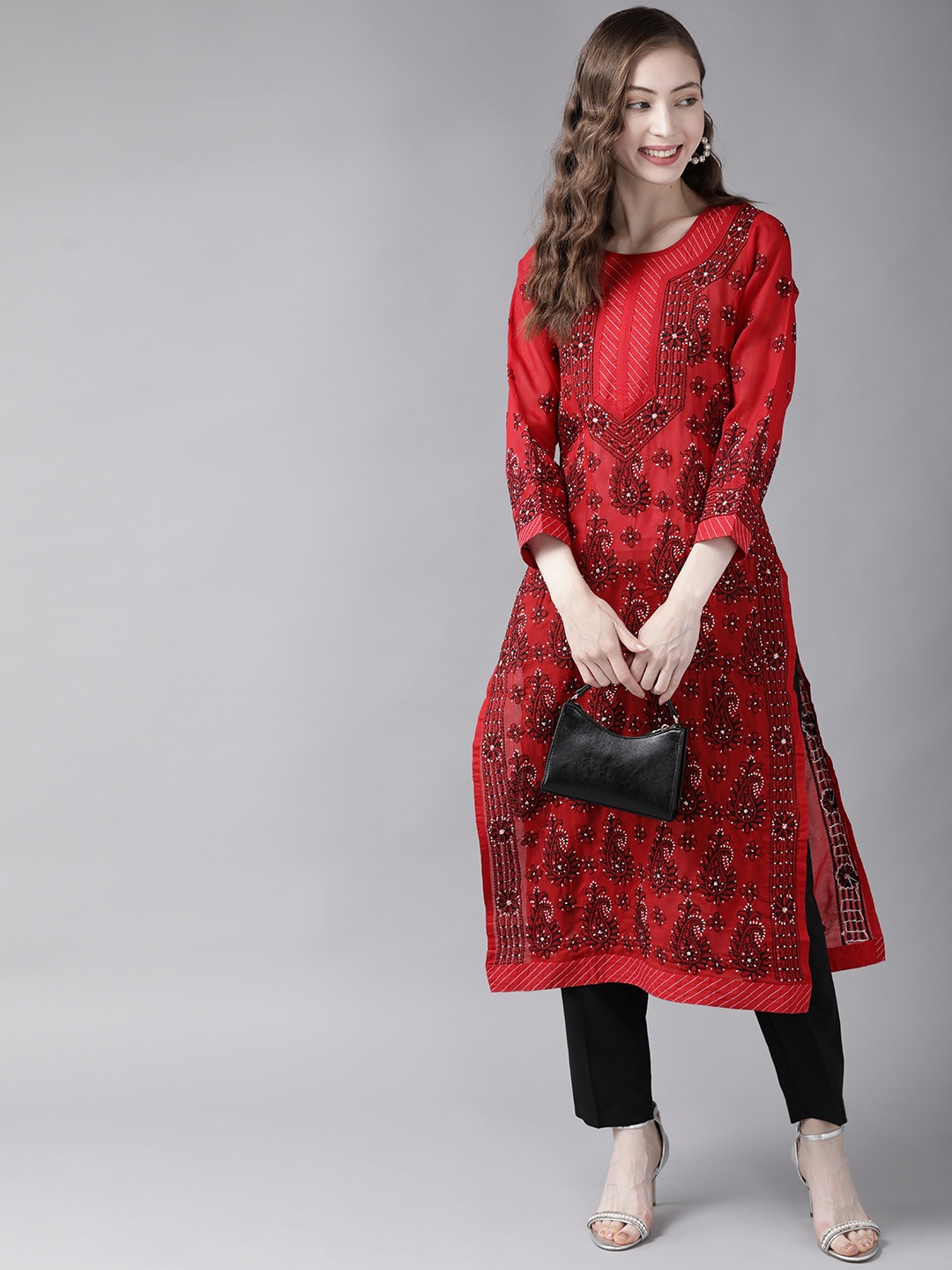 

ADA Women Red & Black Chikankari Embroidered Straight Kurta