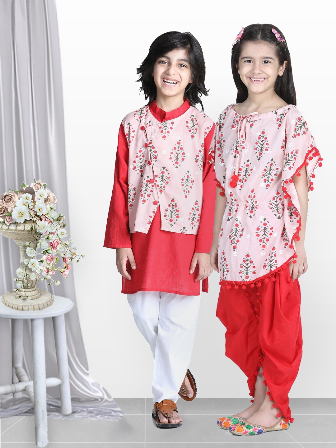 

BownBee Boys Peach-Coloured Floral Printed Pure Cotton Attached Jacket Kurta with Pyjamas
