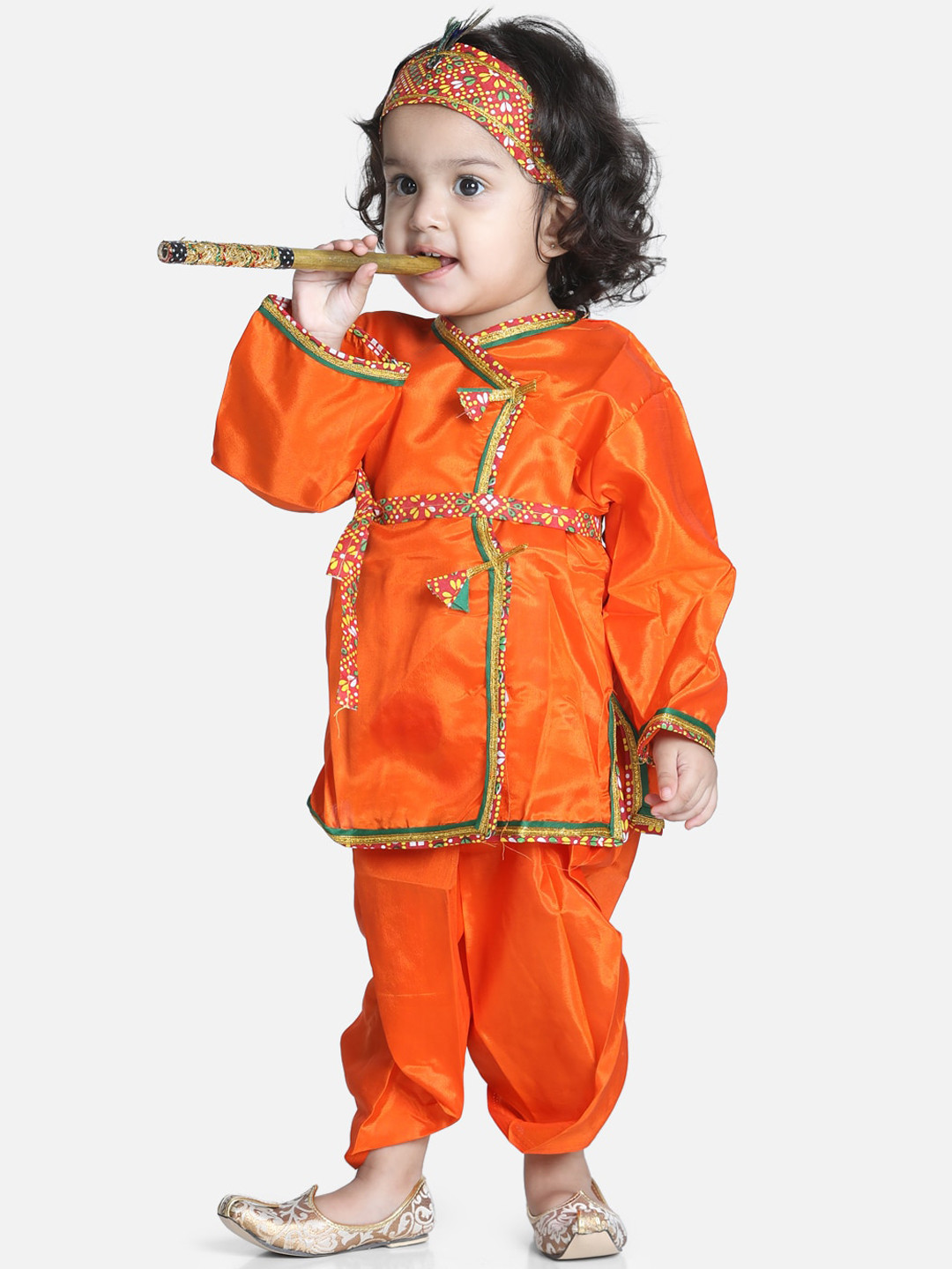 

BownBee Boys Orange Angrakha Janmashtami Gotta Patti Kurta & Dhoti With Mukut & Bansuri