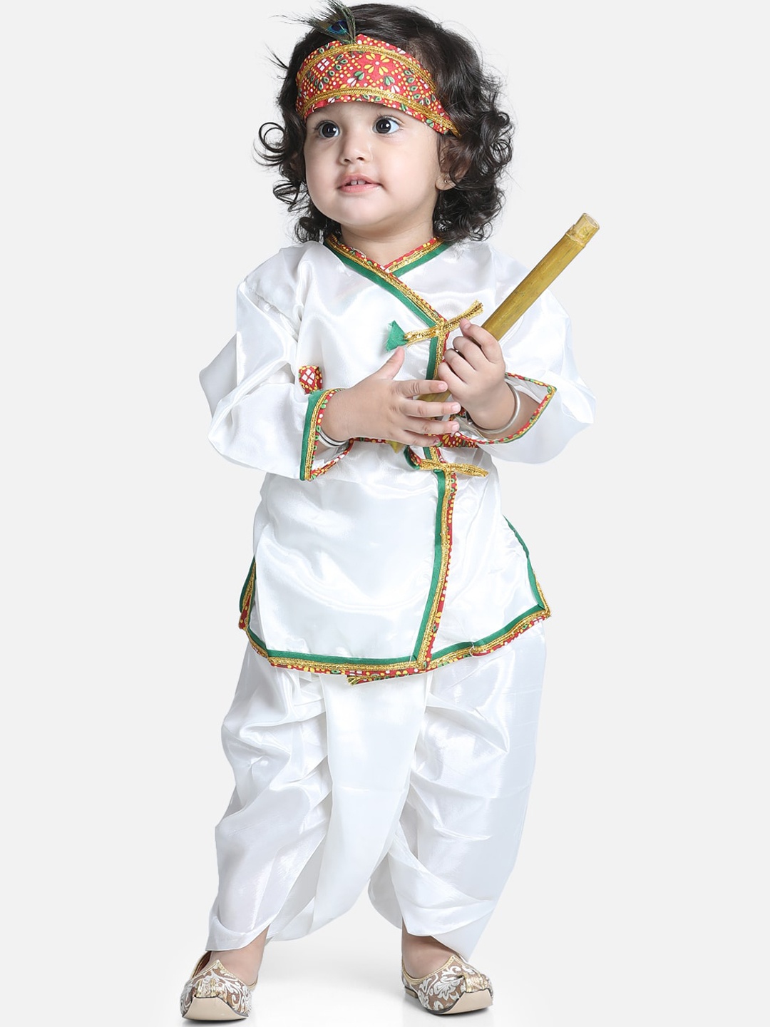 

BownBee Boys White Solid Pure Cotton Angrakha Kurta With Dhoti Pants & Mukut