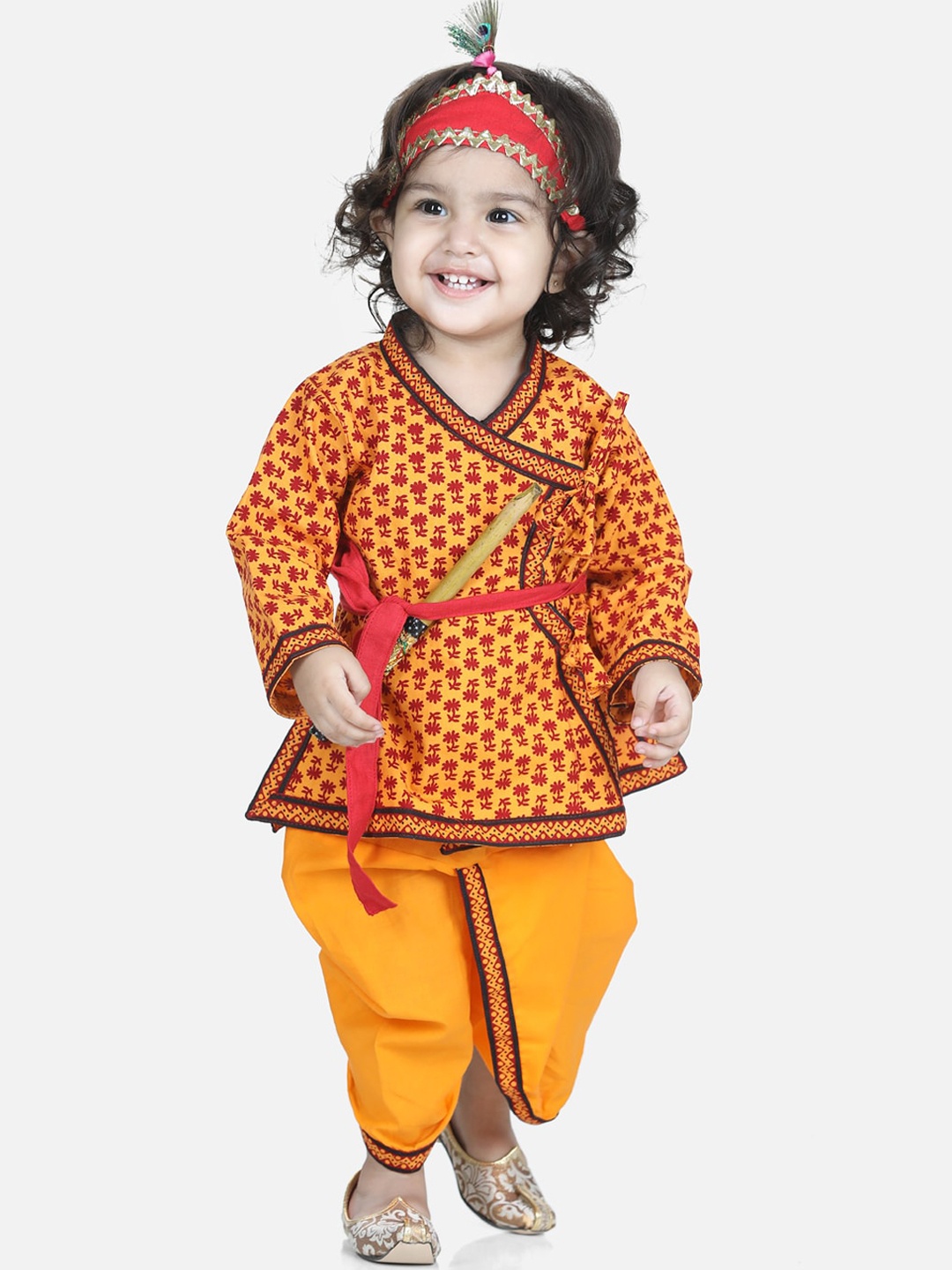 

BownBee Boys Printed Angrakha Cotton Kurta & Dhoti Pants with Mukut Waist Belt and Bansuri, Orange