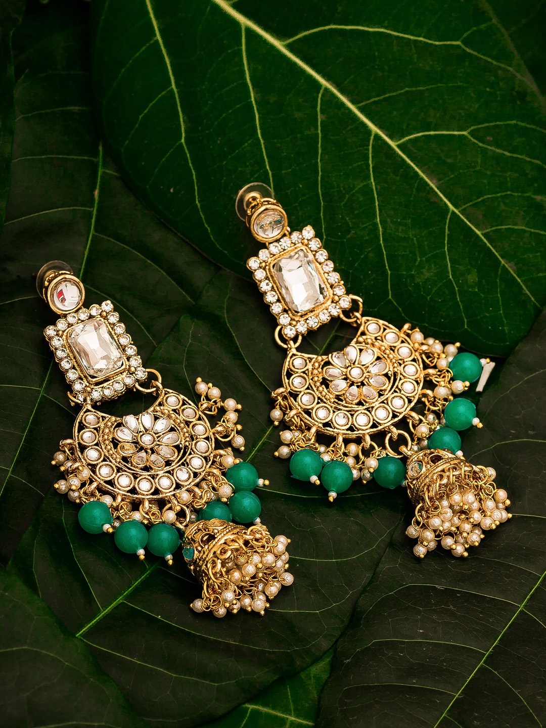 

Aadita Green & Gold-Toned Gold Plated Studded Contemporary Jhumkas Earrings