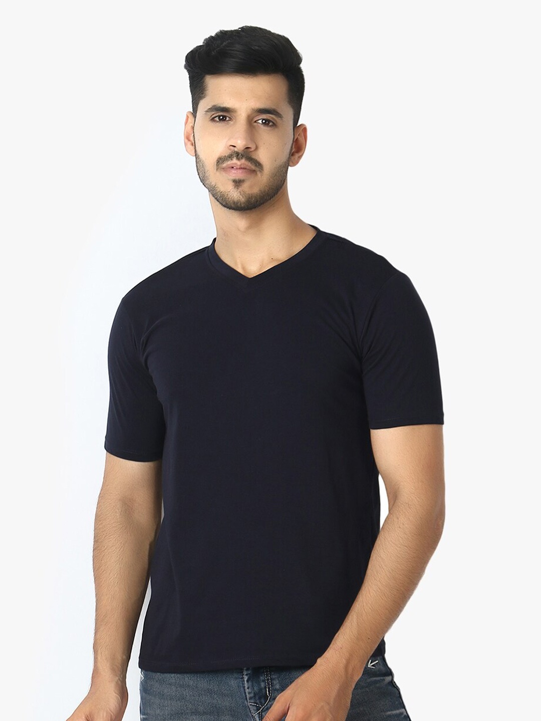 

LE BOURGEOIS Men Navy Blue V-Neck Cotton Pure Cotton T-shirt