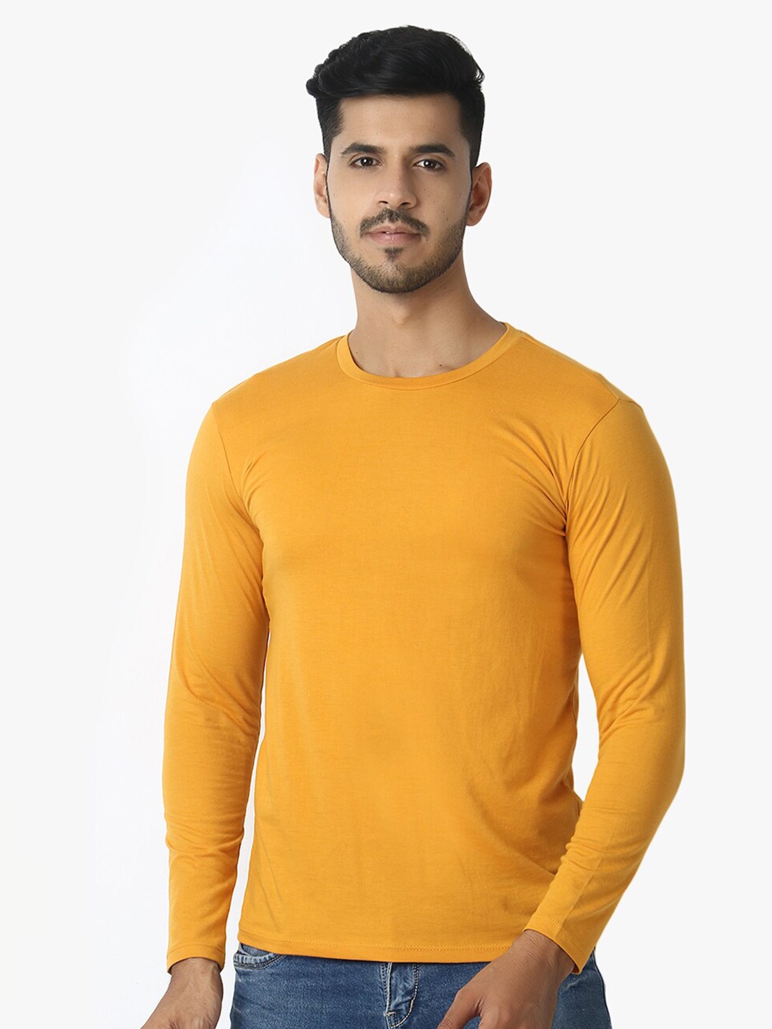 

LE BOURGEOIS Men Mustard Yellow Round Neck Full Sleeve Casual T-shirt