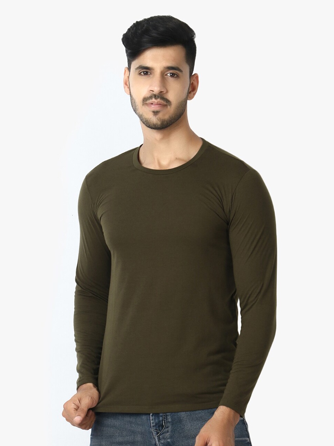 

LE BOURGEOIS Men Olive Green Solid Round Neck Regular Fit T-shirt