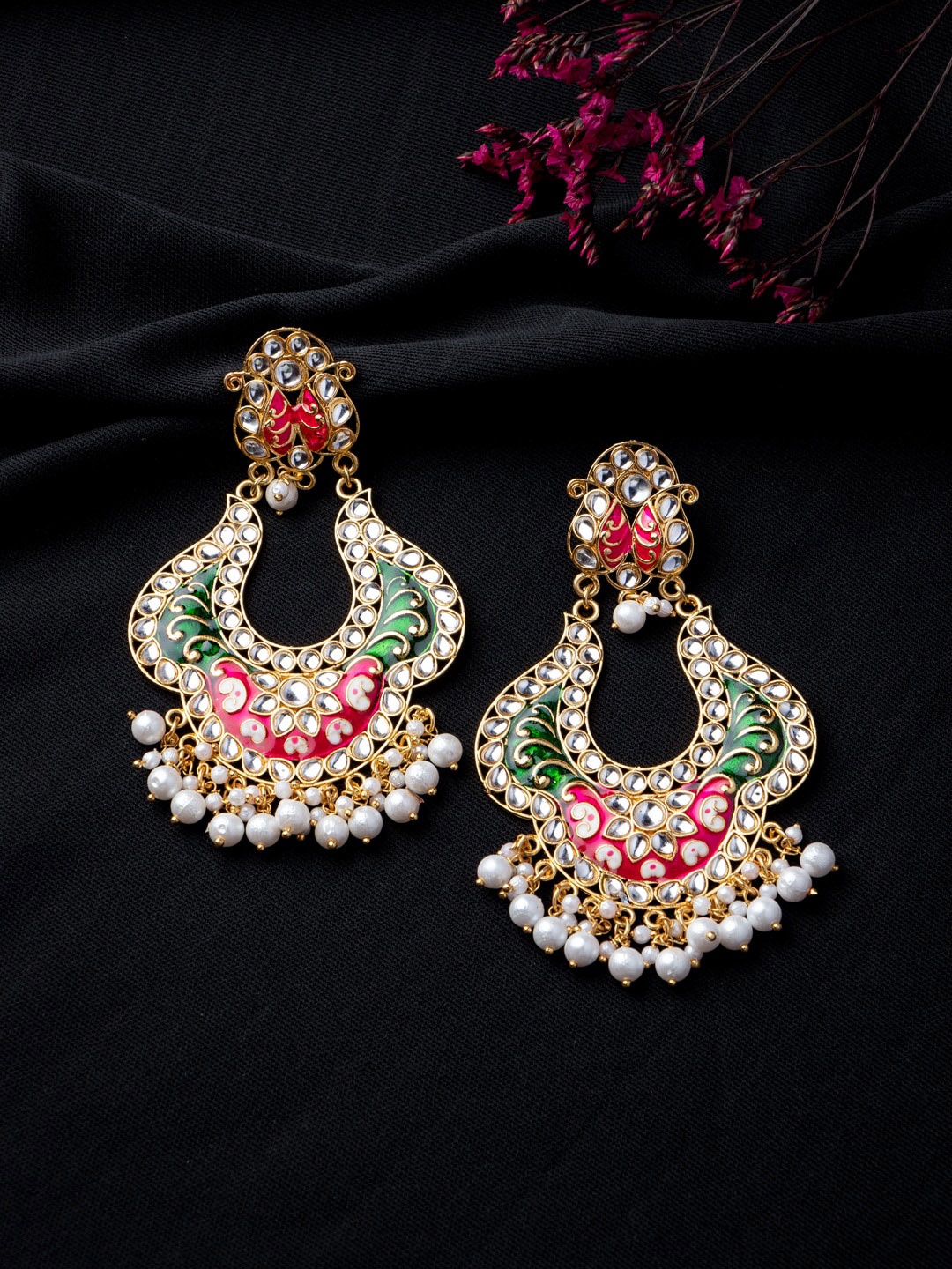 

MORKANTH JEWELLERY Pink and Green Contemporary Kundan Chandbali Earrings