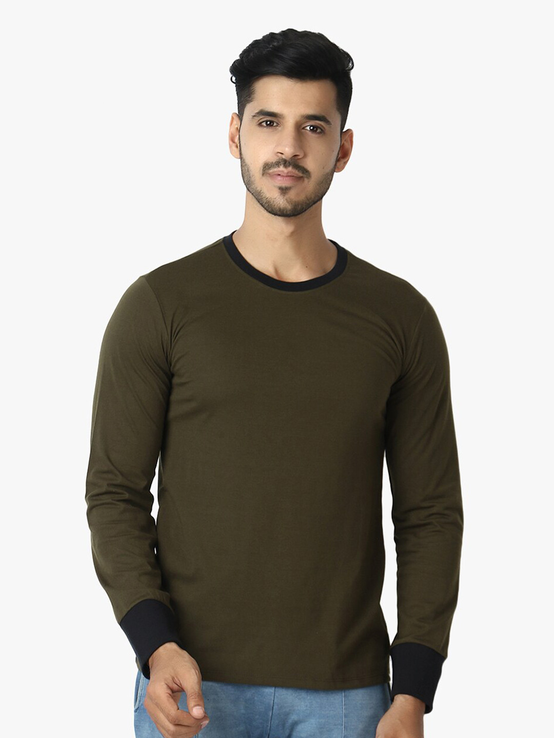 

LE BOURGEOIS Men Olive Green Round Neck Extended Sleeves T-shirt