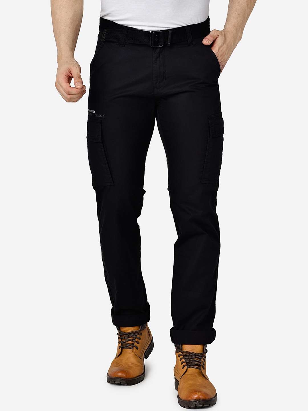 

beevee Men Black Solid Regular Fit Cargos Trousers