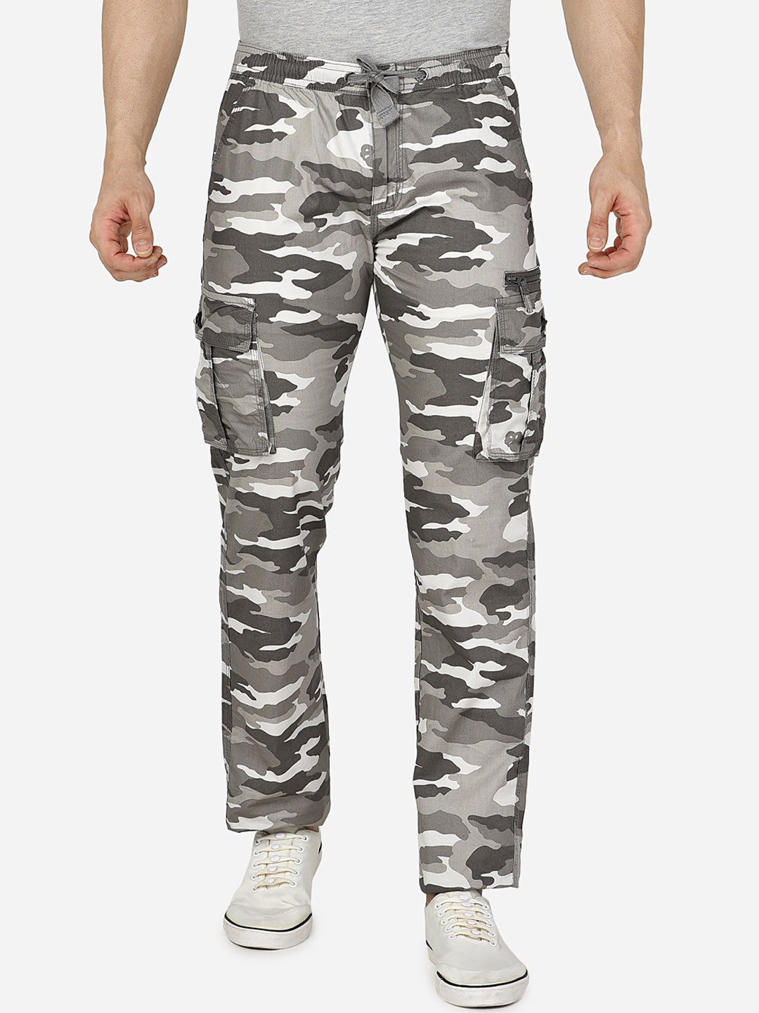 

beevee Men White & Grey Camouflage Printed Cotton Cargo Track Pants