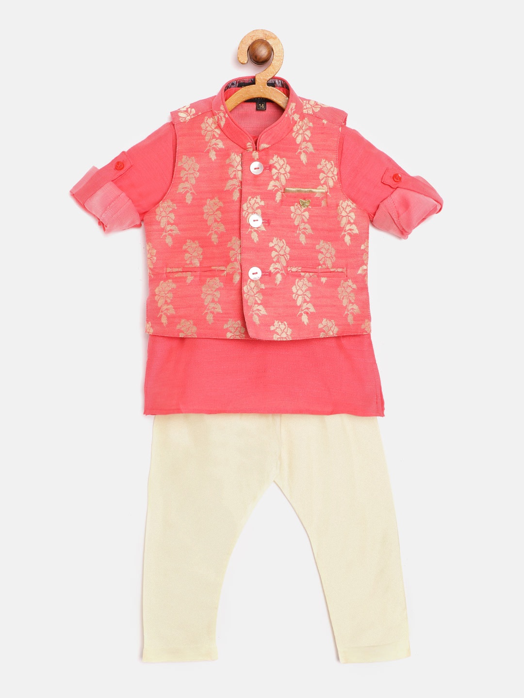 

Readiprint Fashions Boys Pink & Beige Solid Kurta with Pyjamas & Nehru Jacket