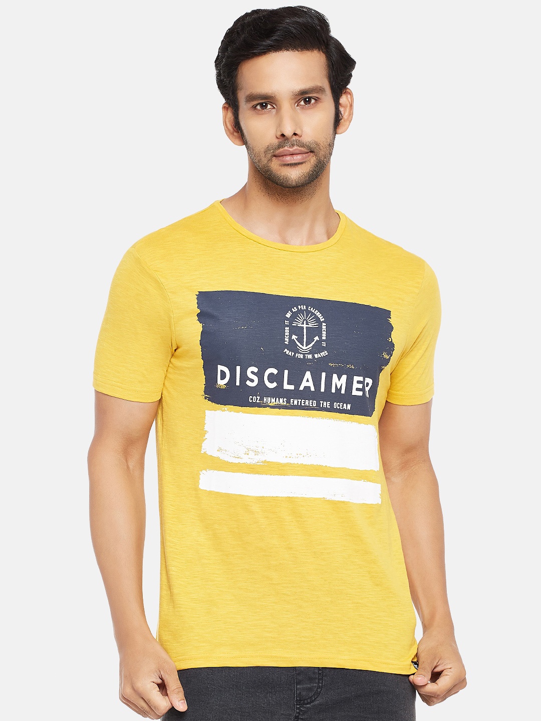 

People Men Mustard Yellow & Grey Typography Printed T-shirt