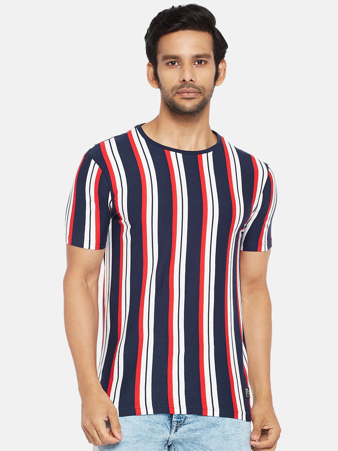 

People Men Navy Blue White Striped Slim Fit Cotton Pure Cotton T-shirt