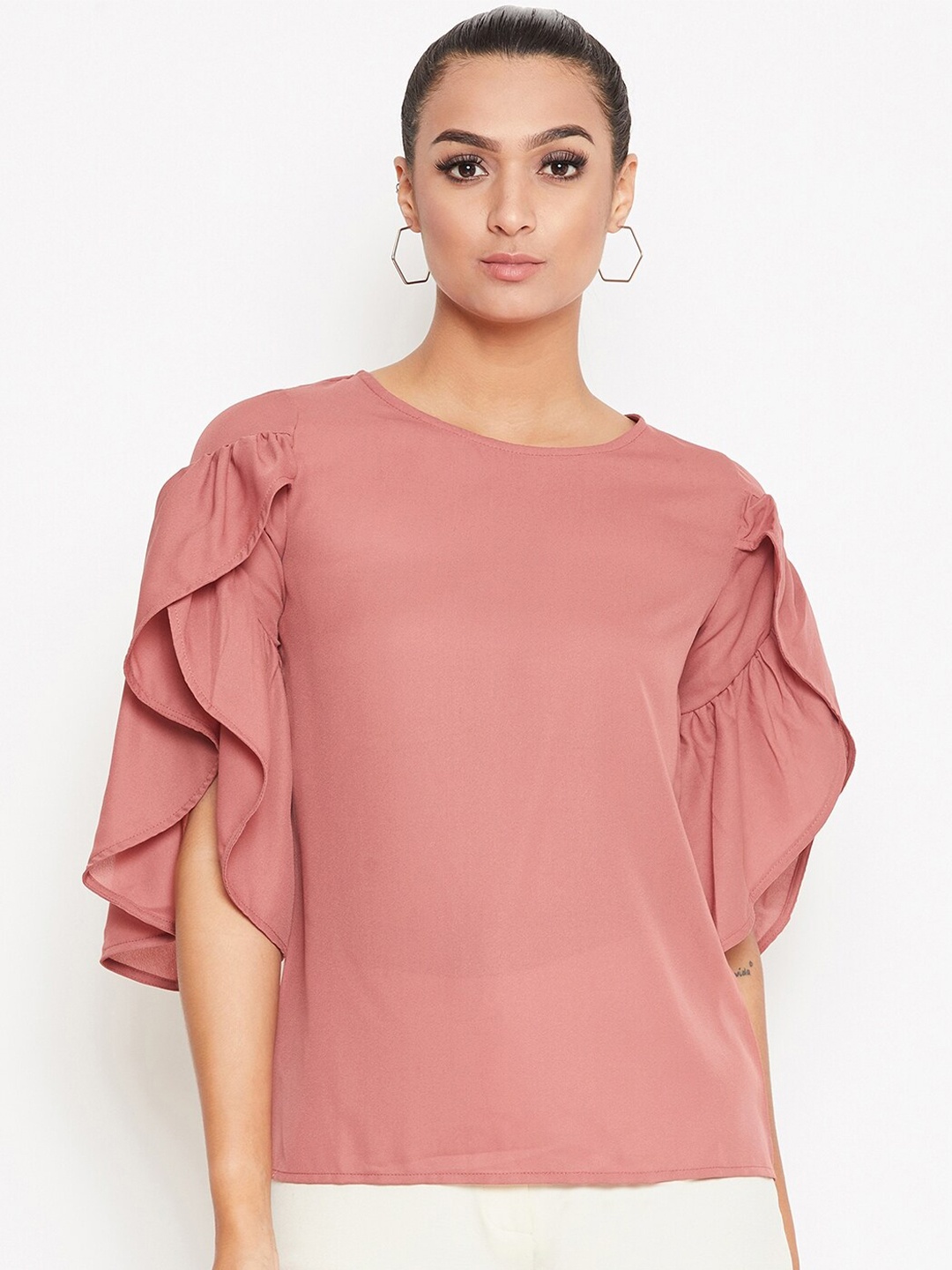 

La Zoire Women Pink Flutter Sleeve Georgette Regular Top