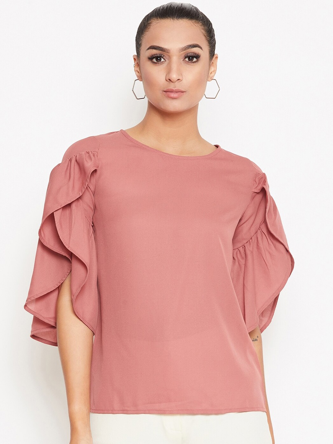

La Zoire Women Pink Tulip Flutter Sleeve Georgette Regular Top