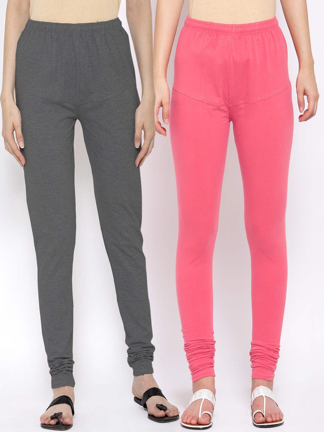 

KLOTTHE Women Pack Of 2 Pink & Grey Solid Cotton Churidar-Length Leggings