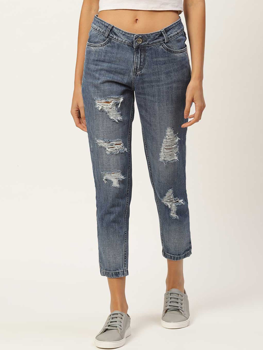 

Xpose Women Blue Boyfriend Fit High-Rise Highly Distressed Light Fade Jeans