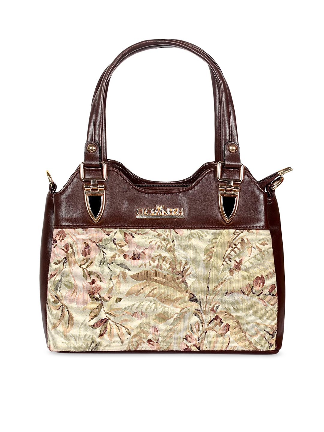 THE CLOWNFISH Sia Beige & Brown Floral Faux Leather Handheld Bag