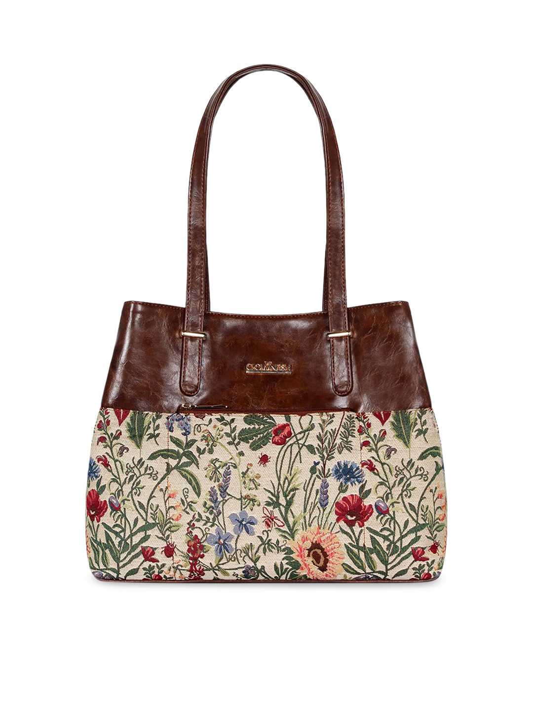 

THE CLOWNFISH Brown & Beige Floral Printed Leather Shoulder Bag