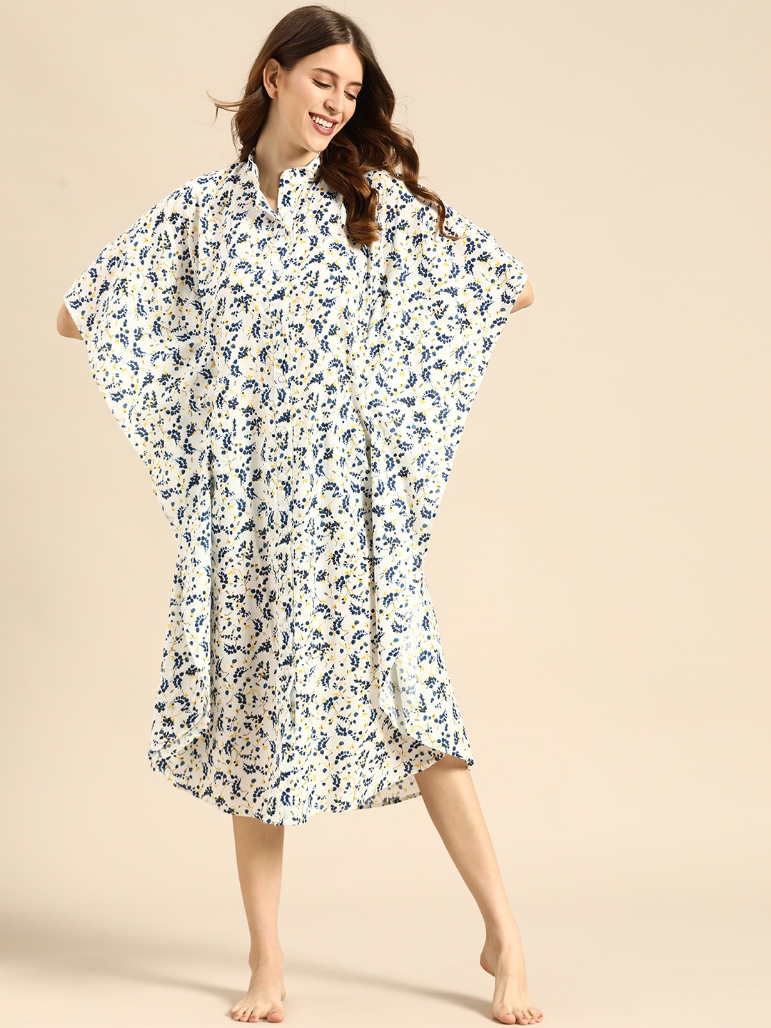 

MABISH by Sonal Jain White & Blue Cotton Printed Kaftan Nightdress