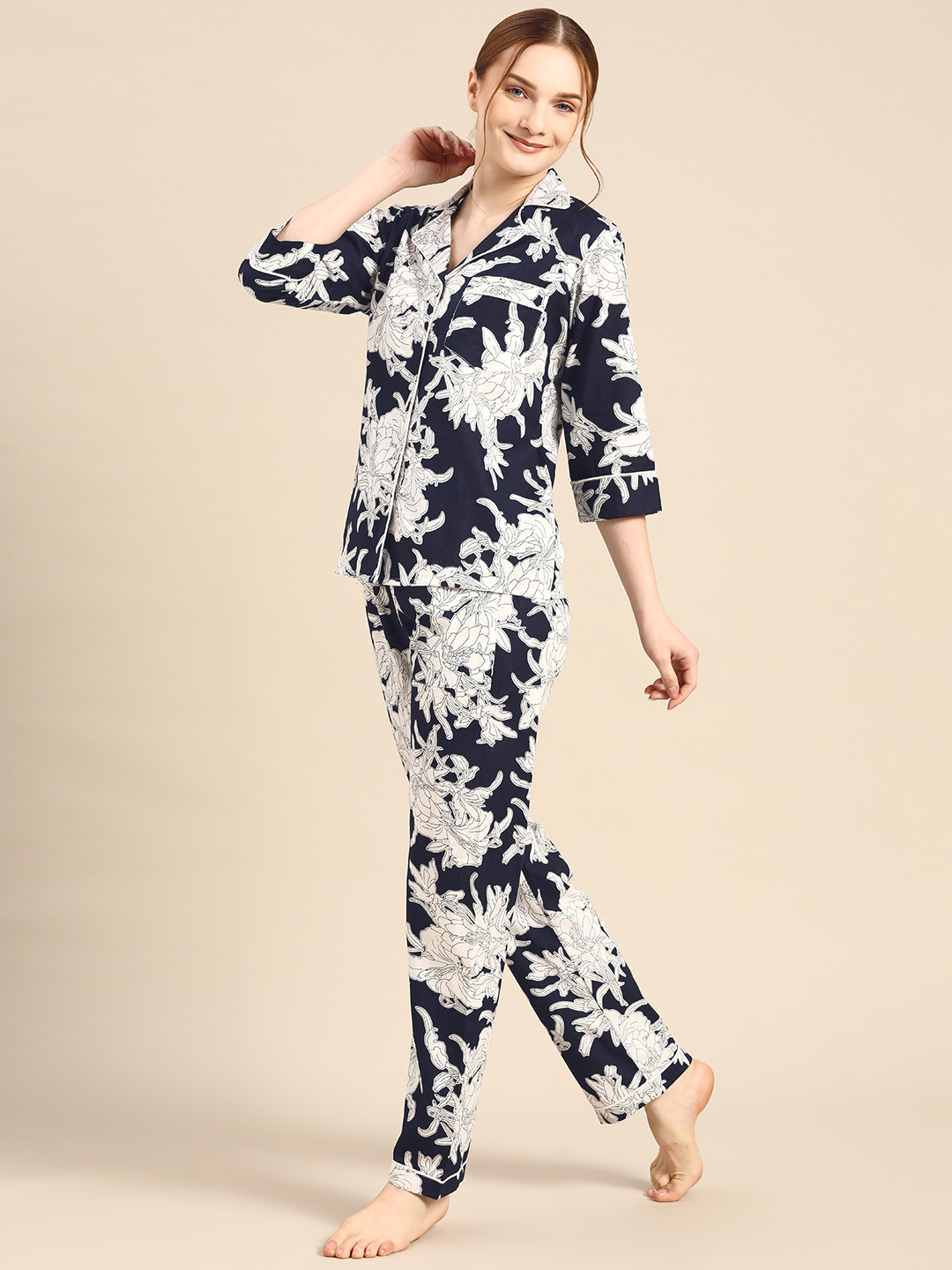 

MABISH by Sonal Jain Women Navy Blue & White Printed Night suit