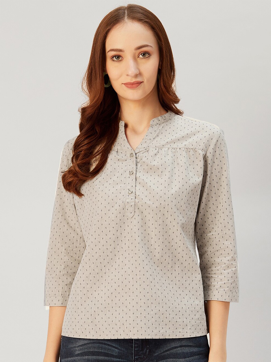 

Xpose Beige Mandarin Collar Pure Cotton Regular Top