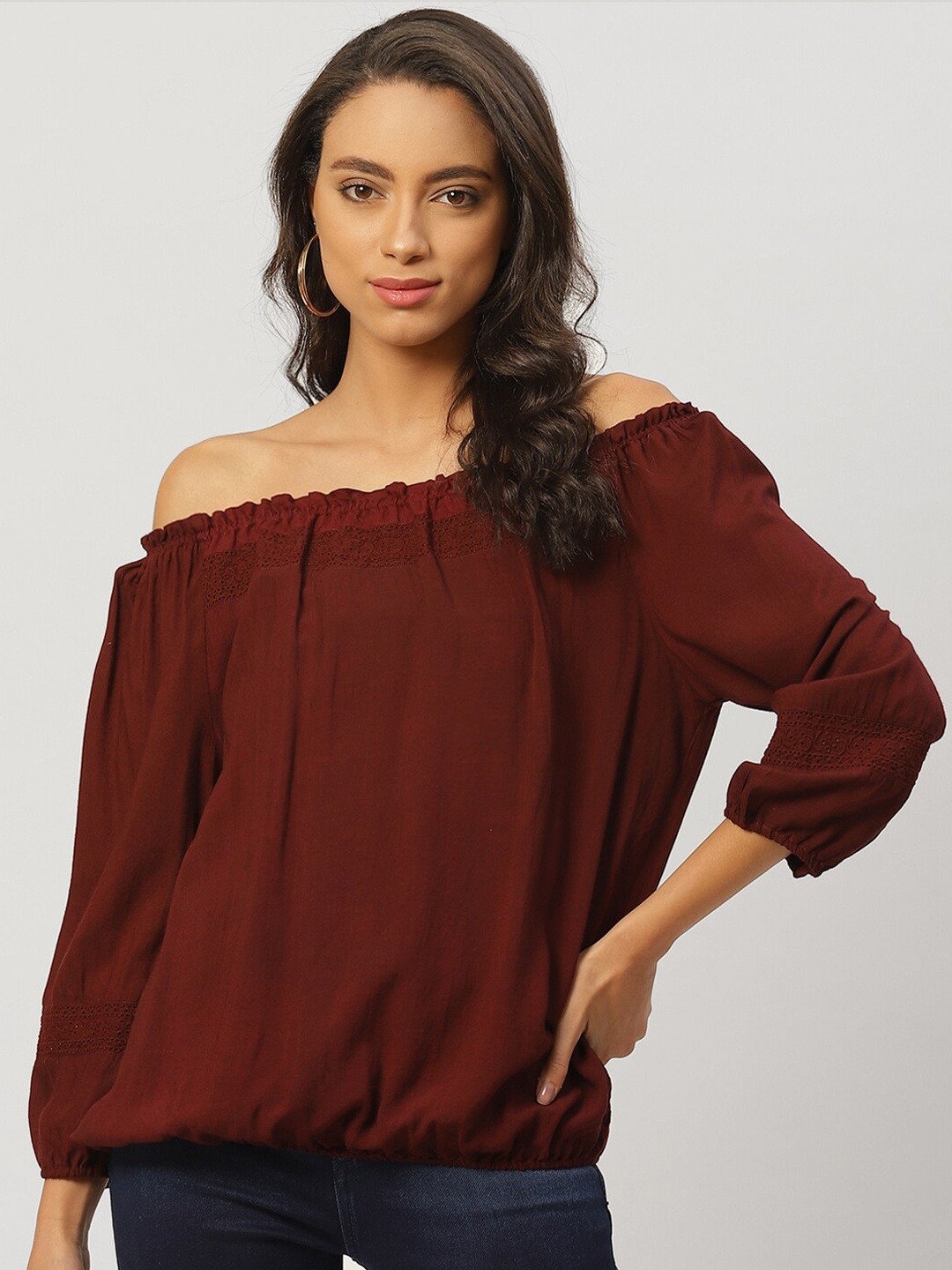 

Xpose Maroon Off-Shoulder Puff Sleeve Bardot Top