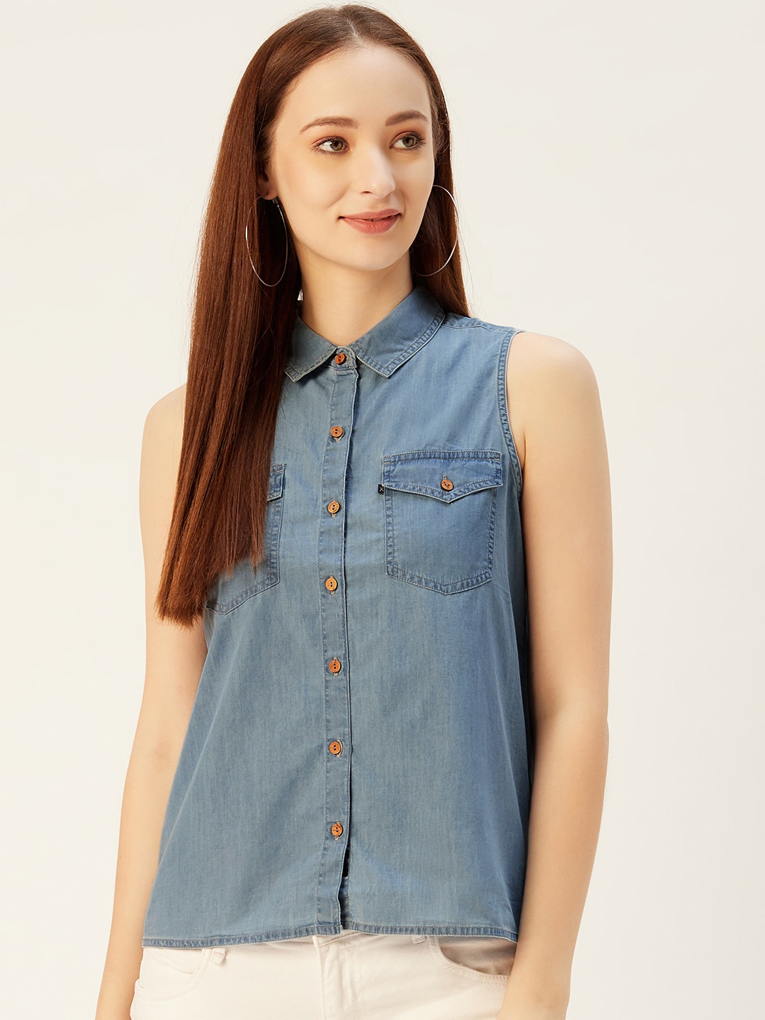 

Xpose Women Blue Solid Regular Fit Denim Shirt