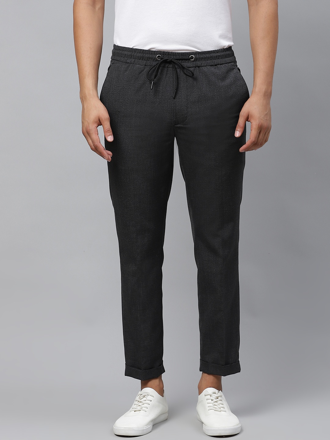 

Marks & Spencer Men Charcoal Grey Slim Fit Low-Rise Cropped Trousers