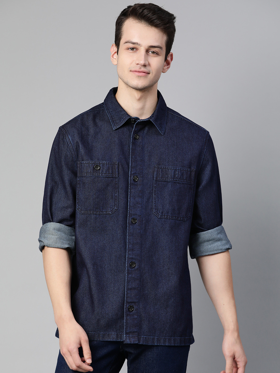 

Marks & Spencer Men Navy Blue Cotton Solid Denim Casual Shirt