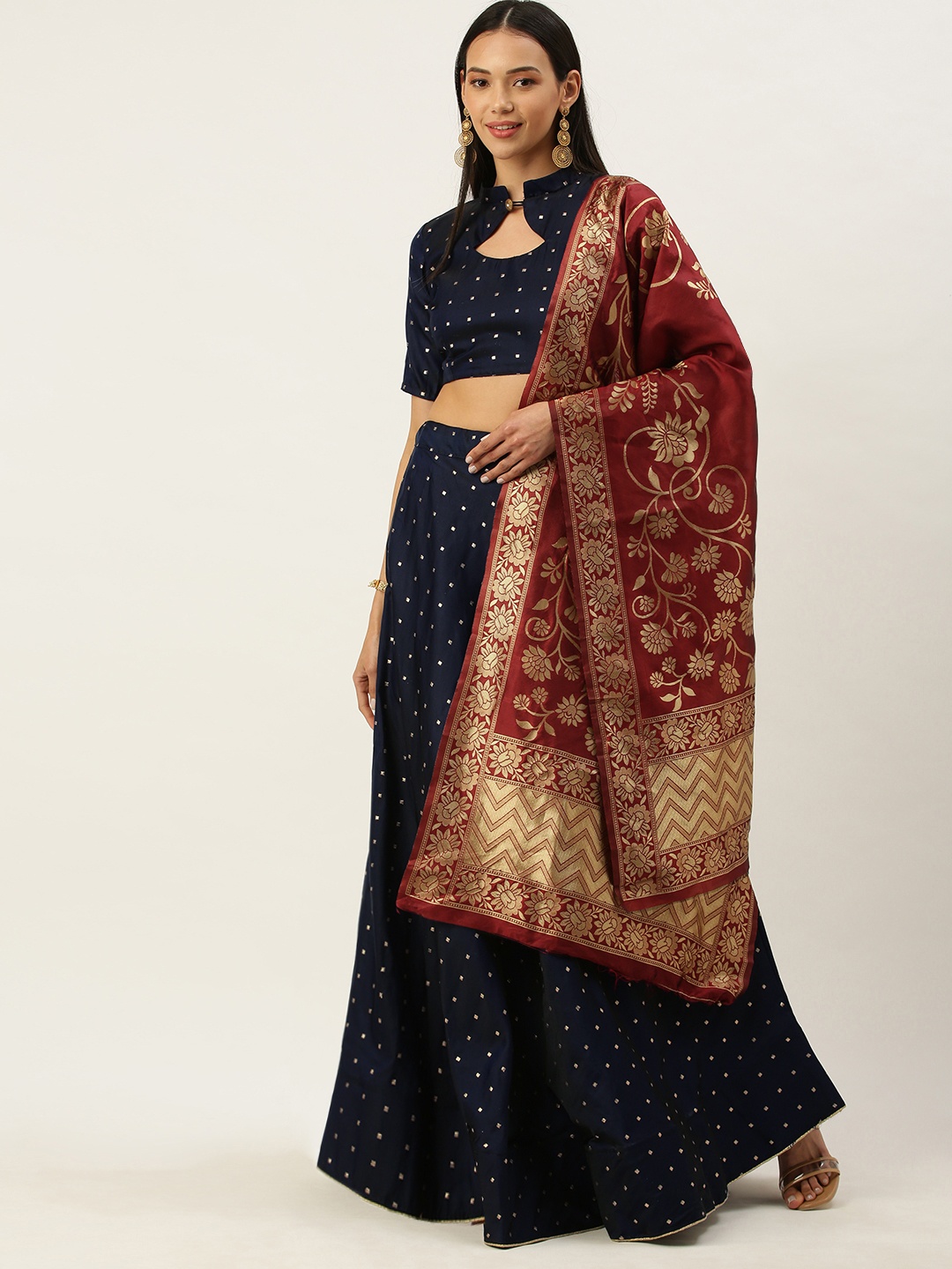 

Mameraa Navy Blue & Gold-Toned Printed Semi-Stitched Lehenga & Unstitched Blouse With Dupatta