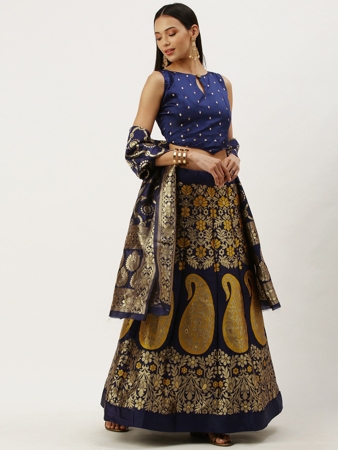 

Mameraa Navy Blue & Yellow Semi-Stitched Lehenga & Unstitched Blouse With Dupatta
