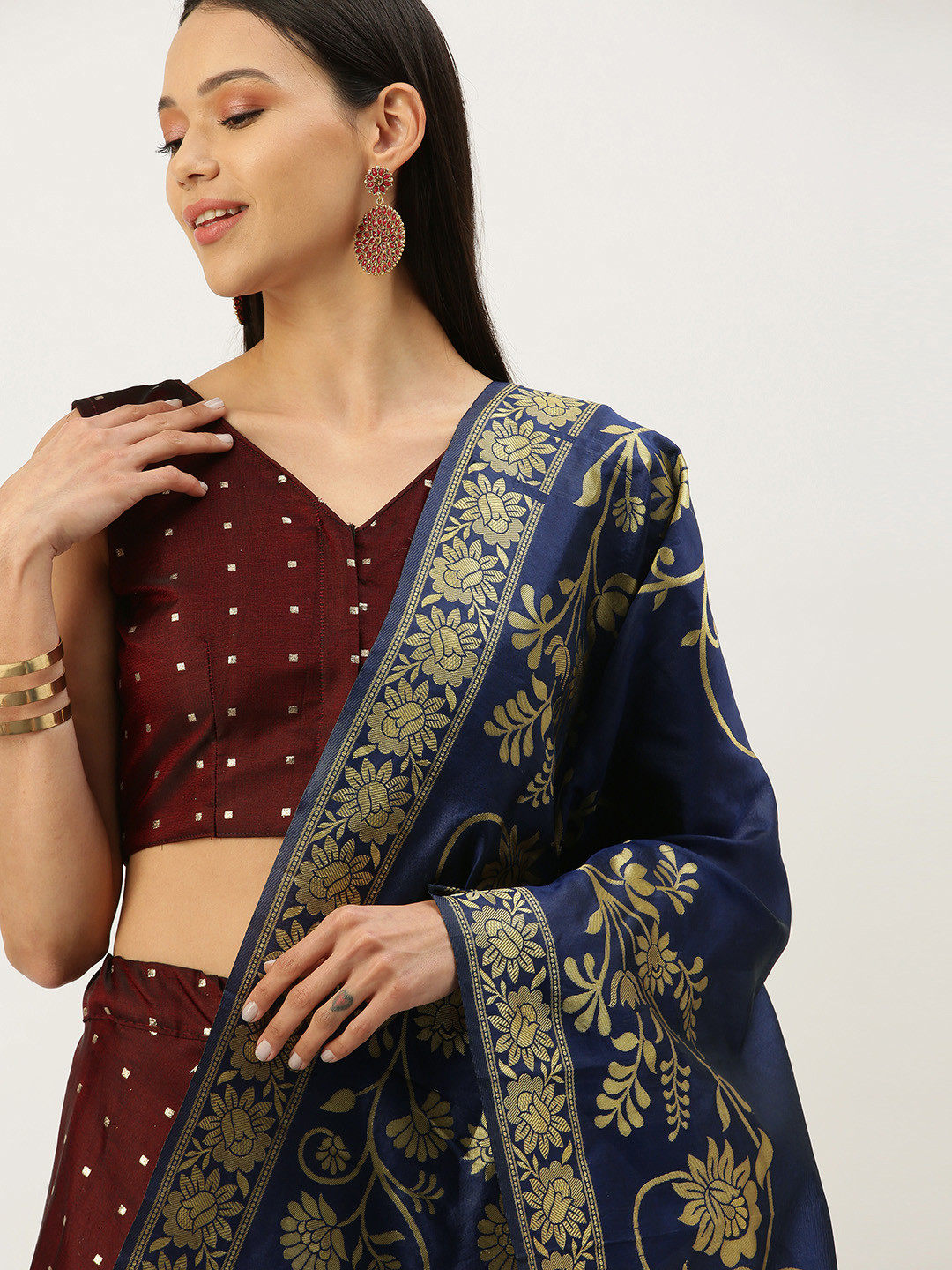 

Mameraa Maroon & Navy Blue Semi-Stitched Lehenga & Unstitched Blouse With Dupatta