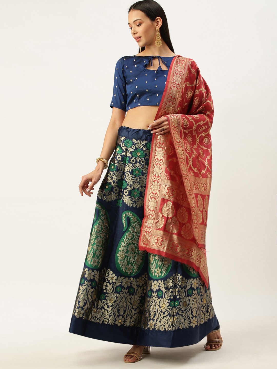 

Mameraa Navy Blue & Gold-Toned Semi-Stitched Lehenga & Unstitched Blouse With Dupatta