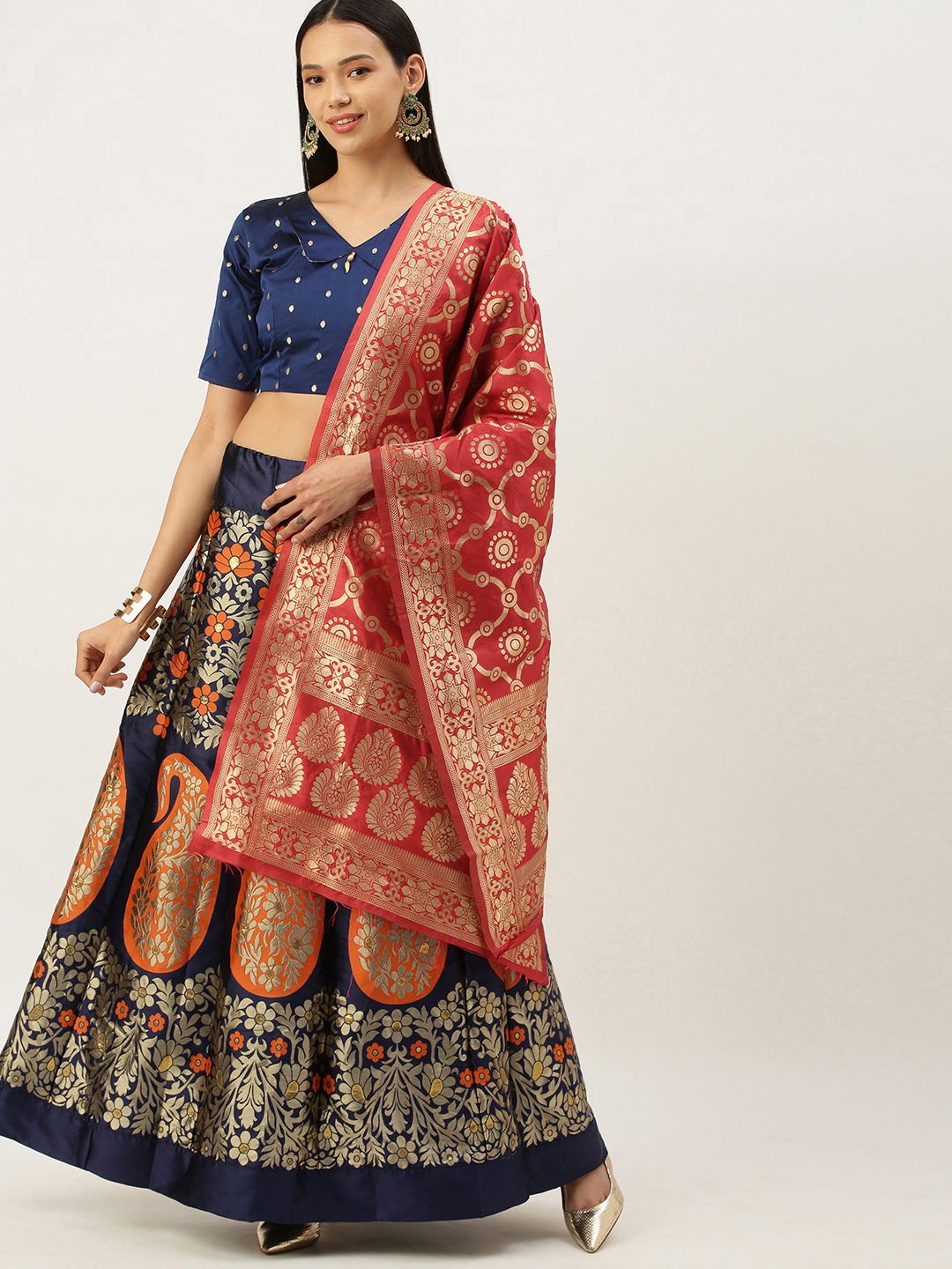 

Mameraa Orange & Navy Blue Semi-Stitched Lehenga & Unstitched Blouse With Dupatta