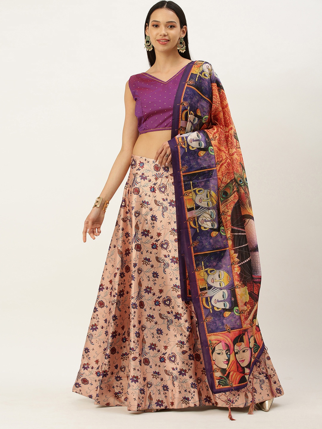 

Mameraa Orange & Purple Semi-Stitched Lehenga & Unstitched Blouse With Dupatta