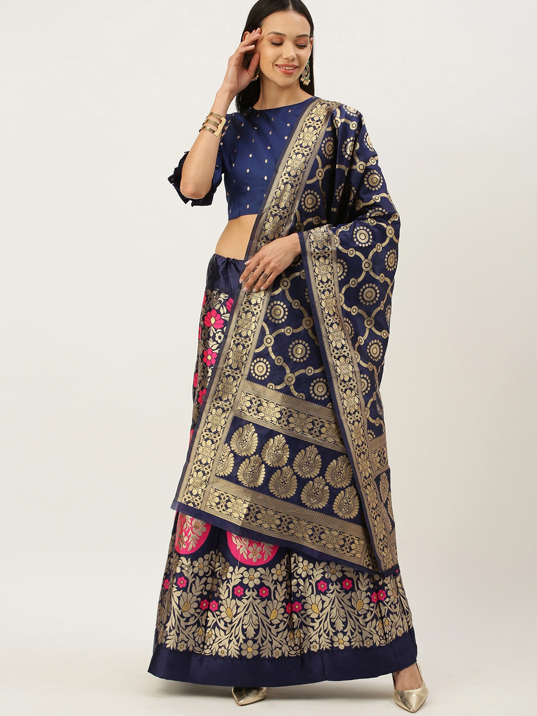 

Mameraa Navy Blue & Pink Semi-Stitched Lehenga & Unstitched Blouse With Dupatta