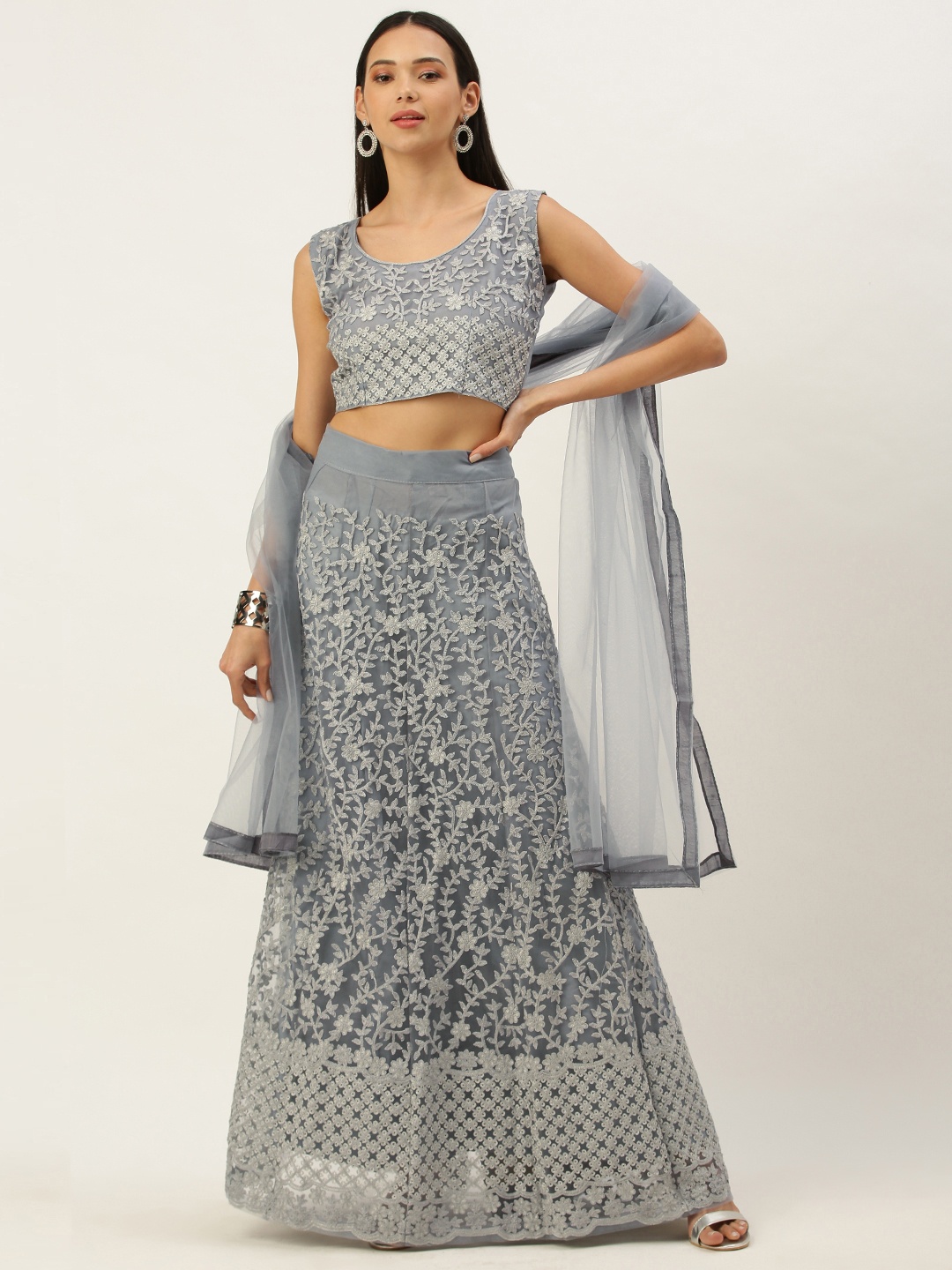 

Mameraa Grey Embroidered Thread Work Semi-Stitched Lehenga & Unstitched Blouse With Dupatta