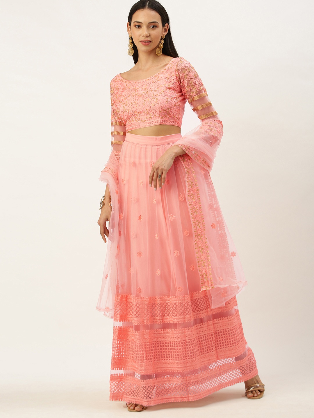 

Mameraa Peach-Coloured Embroidered Semi-Stitched Lehenga & Unstitched Blouse With Dupatta