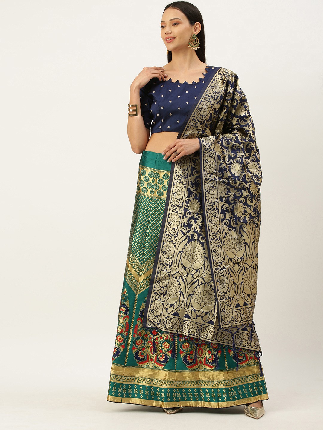 

Mameraa Navy Blue & Teal Semi-Stitched Lehenga & Unstitched Blouse With Dupatta
