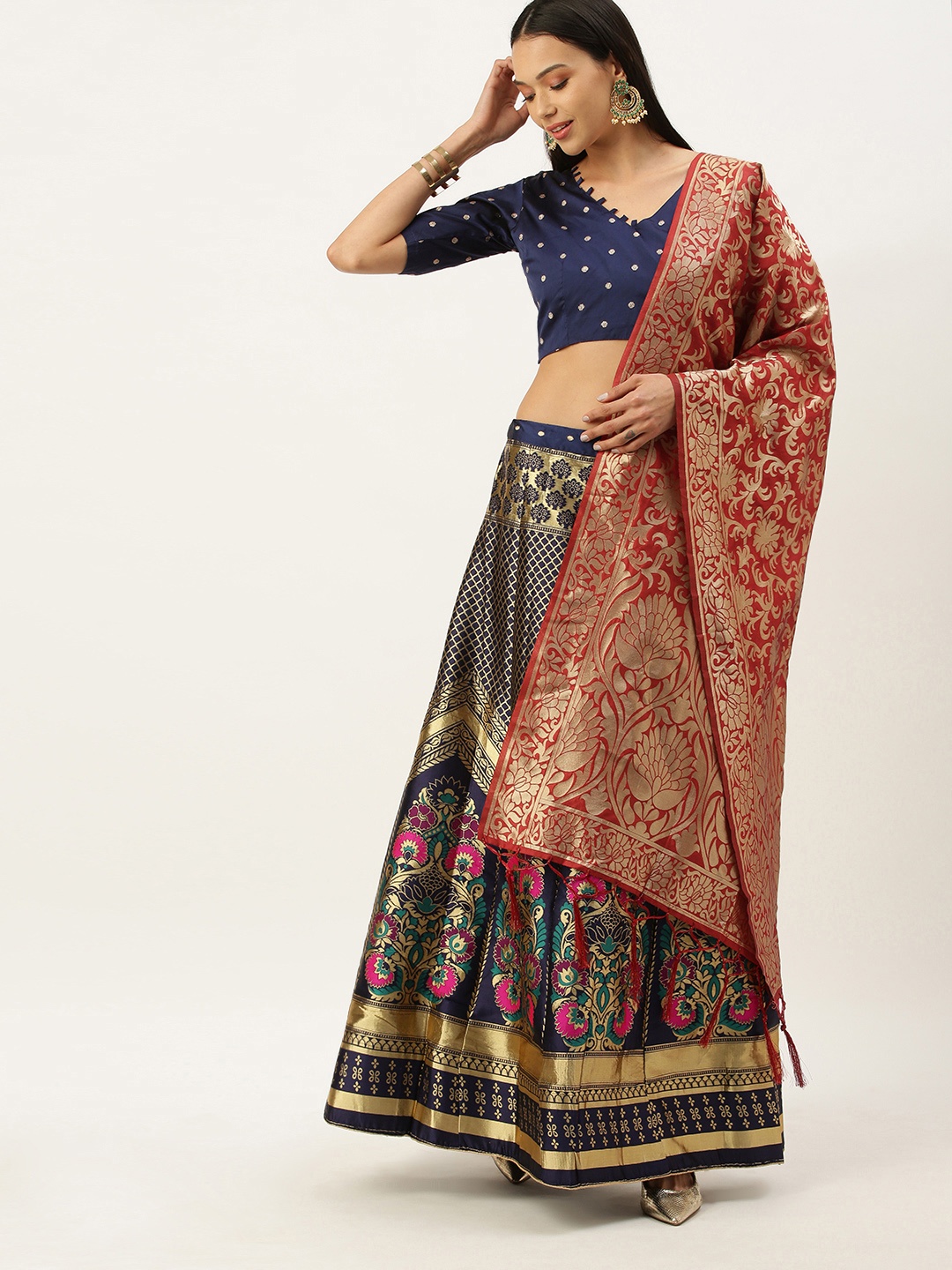 

Mameraa Blue & Red Woven Design Semi-Stitched Lehenga Choli