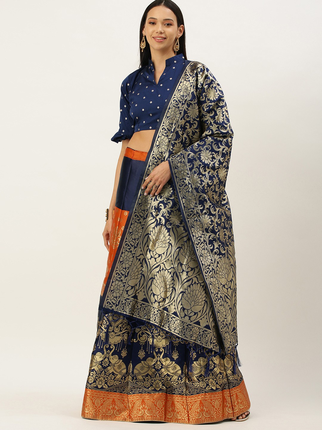 

Mameraa Orange & Navy Blue Semi-Stitched Lehenga & Unstitched Blouse With Dupatta