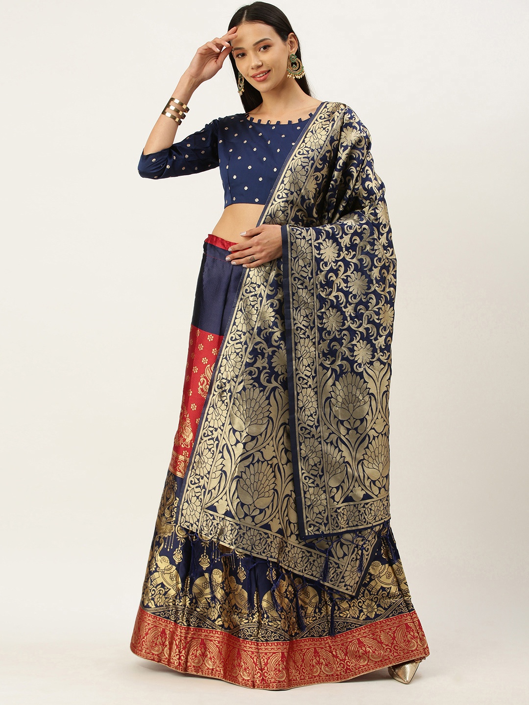 

Mameraa Navy Blue & Red Semi-Stitched Lehenga & Unstitched Blouse With Dupatta