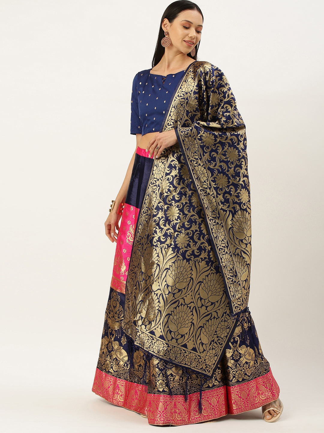 

Mameraa Pink & Navy Blue Semi-Stitched Lehenga & Unstitched Blouse With Dupatta