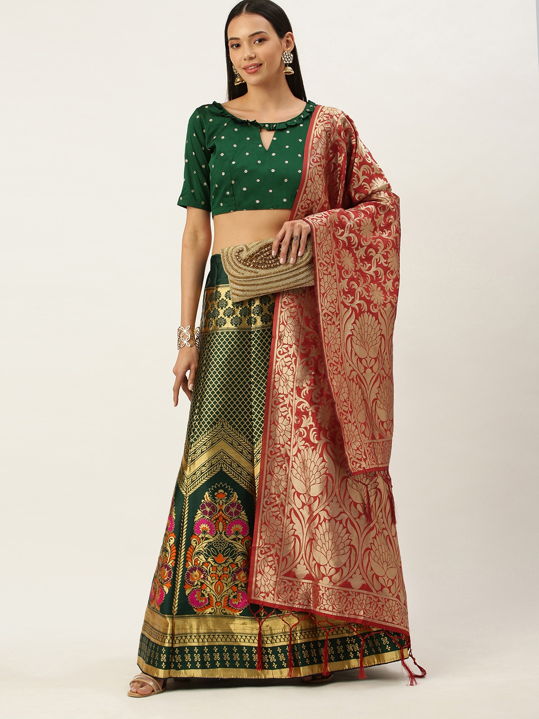 

Mameraa Green & Red Woven Design Semi-Stitched Lehenga Choli
