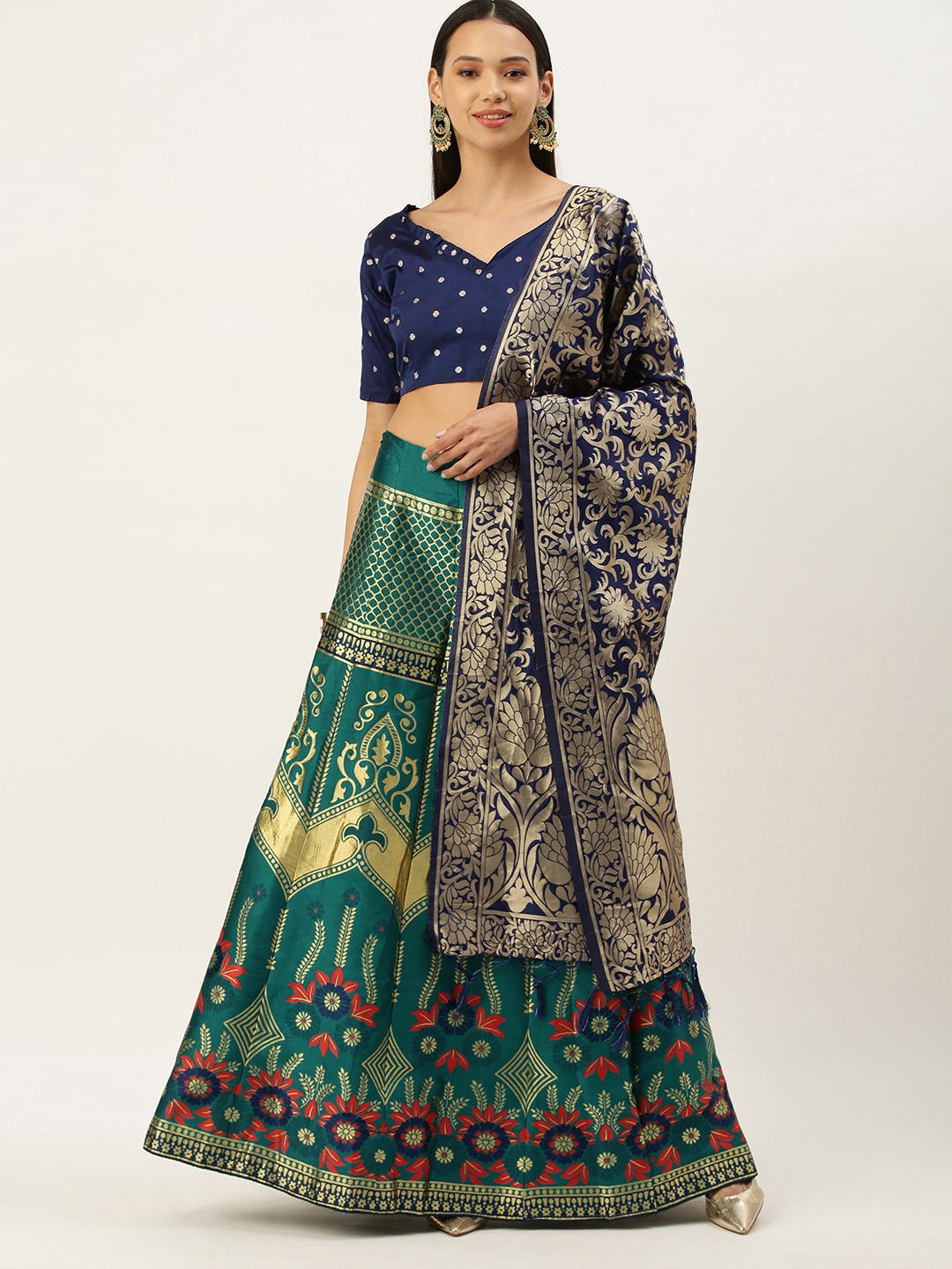 

Mameraa Navy Blue & Green Semi-Stitched Lehenga Choli